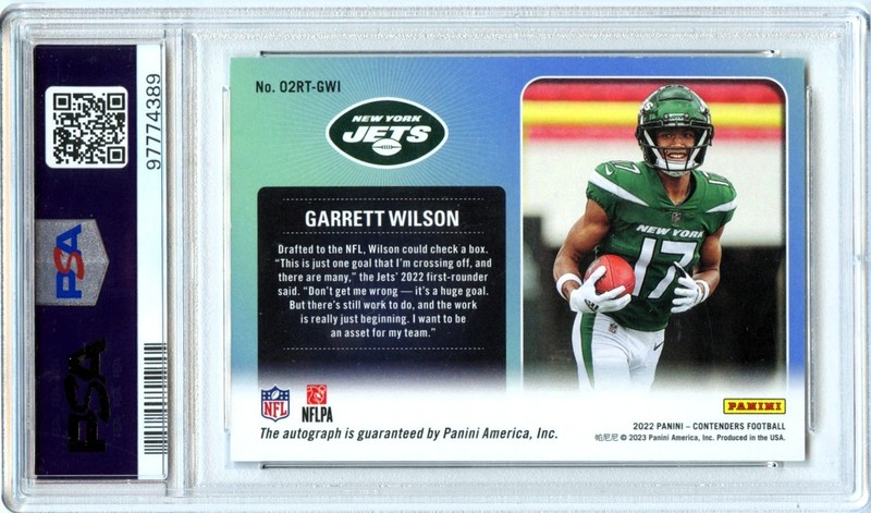GARRETT WILSON RC 2022 CONTENDERS '02 THROWBACK ROOKIE AUTO JERSEY # 17/22 PSA 8 view 2