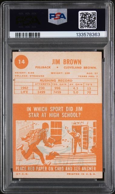 1963 Jim Brown Topps #14 Cleveland Browns Graded PSA 4 EX view 2