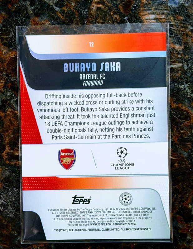 2025-26 Topps Chrome UEFA Bukayo Saka AQUA X-FRACTOR /199 #12 Arsenal England view 2