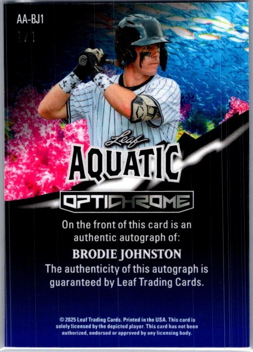 2025 Leaf Brodie Johnston Optichrome Baseball Aquatic 1/1 Auto view 2