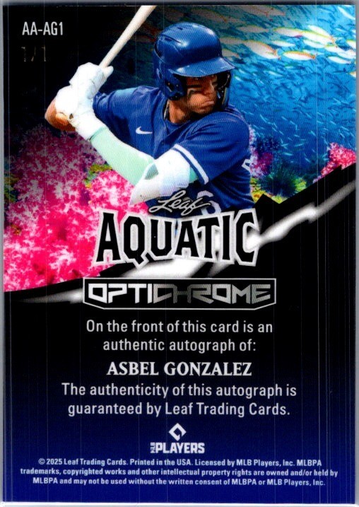 2025 Leaf Asbel Gonzalez Optichrome Baseball Aquatic 1/1 Auto view 2