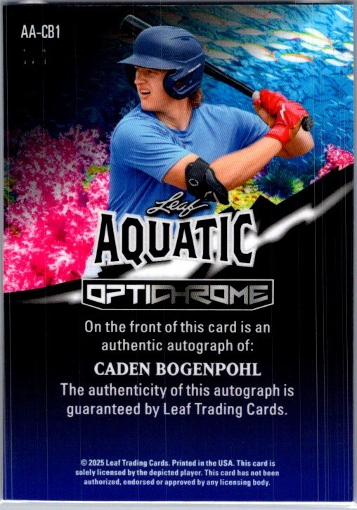 2025 Leaf Caden Bogenpohl Optichrome Baseball Aquatic 1/1 Auto view 2