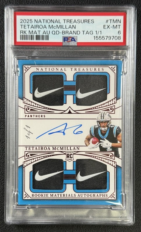 TETAIROA MCMILLAN PSA 2025 NATIONAL TREASURES QUAD NIKE TAG PATCH AUTO 1/1 RC