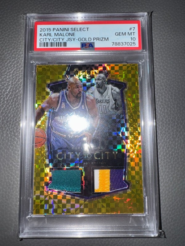 Pop 1 PSA 10 Karl Malone 2015 Select Gold Prizm City to City Patch /10 GAME WORN