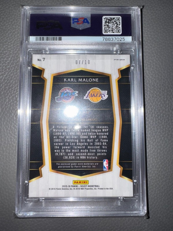 Pop 1 PSA 10 Karl Malone 2015 Select Gold Prizm City to City Patch /10 GAME WORN view 2