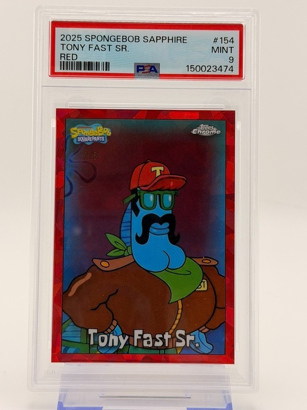 TONY FAST SR. 2025 TOPPS CHROME SPONGEBOB SQUAREPANTS SAPPHIRE RED /5 PSA 9