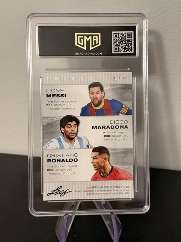 2025 Leaf Triple Legends Exclusive MESSI / MARADONA / RONALDO - GEM MINT GMA 10 view 2