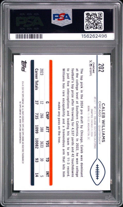 Caleb Williams 2024 Topps Sapphire Chicago Bears RC Rookie Card #202 PSA 9 view 2