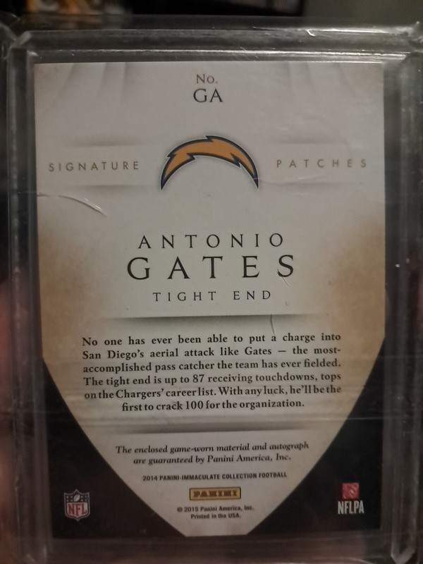 2015 IMMACULATE SIGNATURE PATCHES ANTONIO GATES GAME USED ON CARD AUTO 3 COLOR view 2