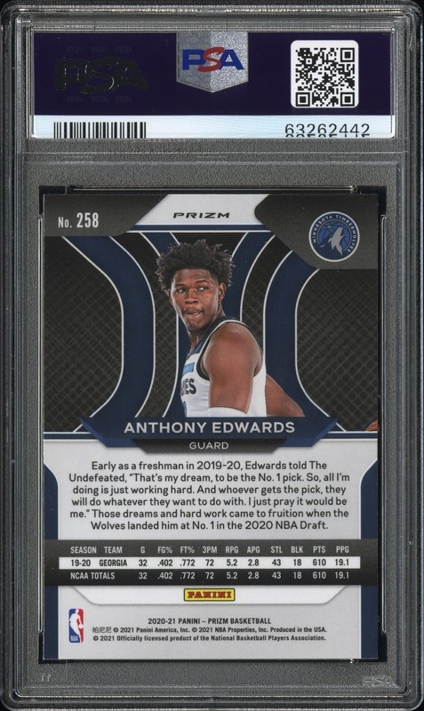Anthony Edwards - 2020-21 Panini Prizm Silver RC #258 - Twolves Rookie - PSA 10 view 2