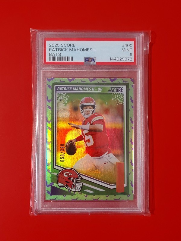 2025 PANINI SCORE PATRICK MAHOMES II # 100 BATS - 50/399 - PSA 9 MINT SP Chiefs