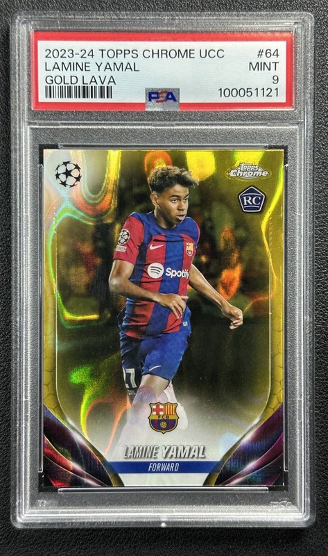 LAMINE YAMAL PSA 9 2023-24 TOPPS CHROME UCC #64 ROOKIE GOLD LAVA REFRACTOR RC 21