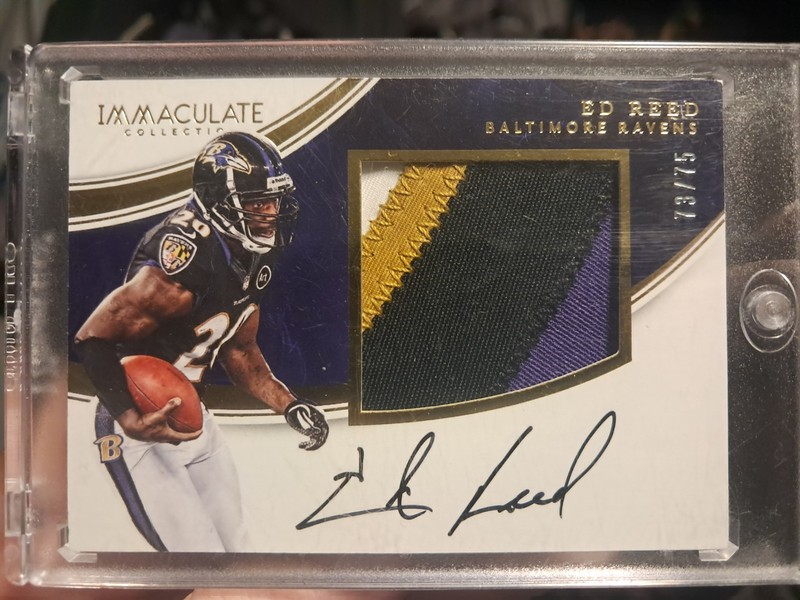 2016 IMMACULATE COLLECTION ED REED GAME USED PATCH 4 COLOR ON CARD AUTO /75 HOF