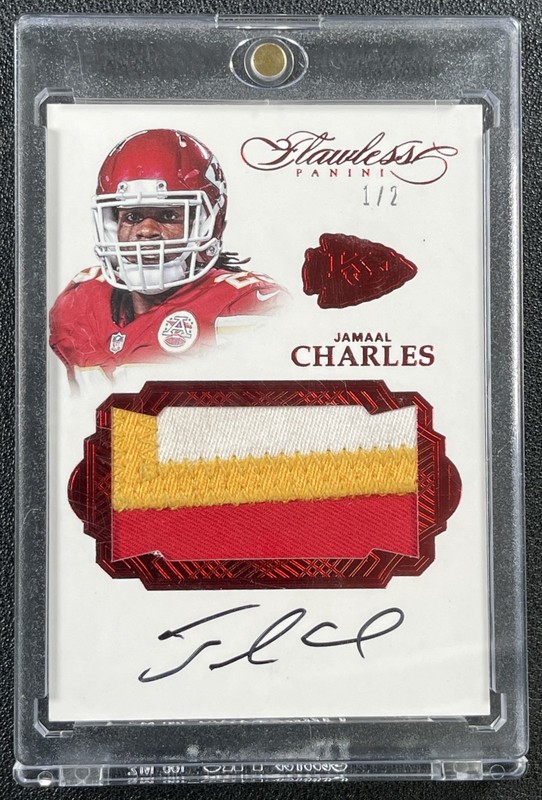 JAMAAL CHARLES 2016 PANINI FLAWLESS GAME-USED 3-COLOR PATCH AUTO RUBY 1/2 CHIEFS