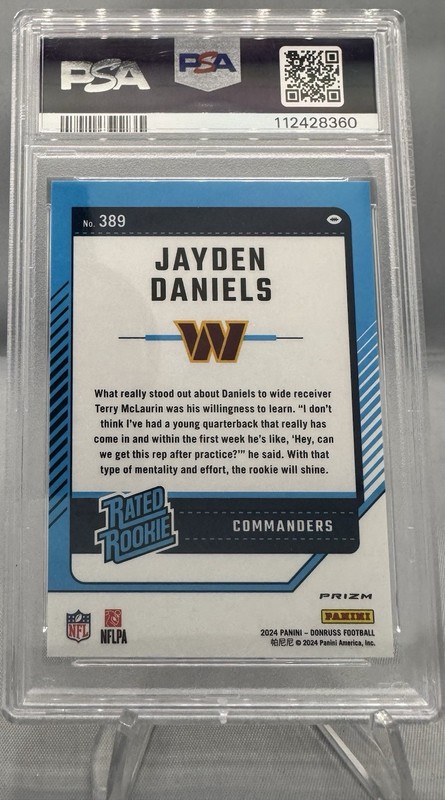 2024 Donruss Rated Rookie Optic Preview Red Wave Prizm Jayden Daniels PSA 8 view 2