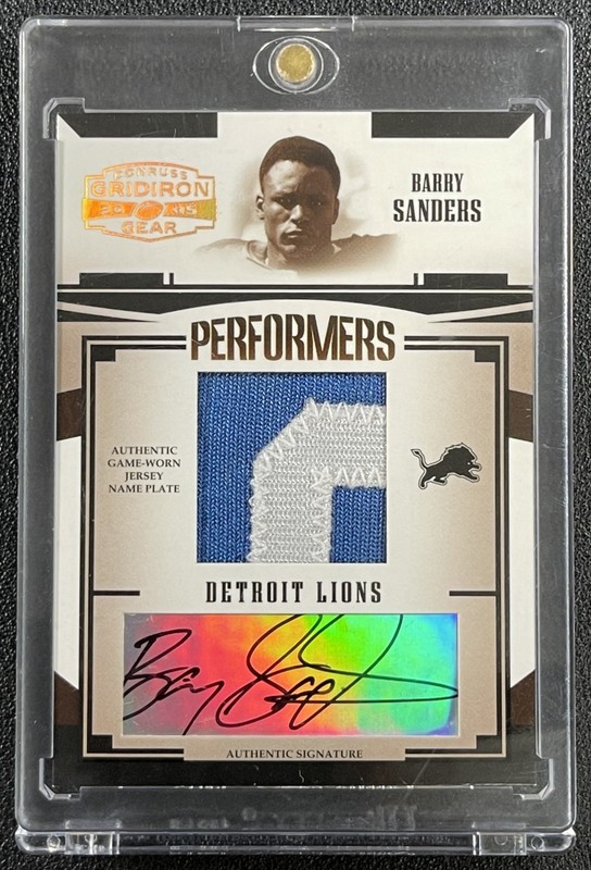 BARRY SANDERS 2005 DONRUSS GRIDIRON GEAR PERFORMERS GU NAME PLATE PATCH AUTO /25