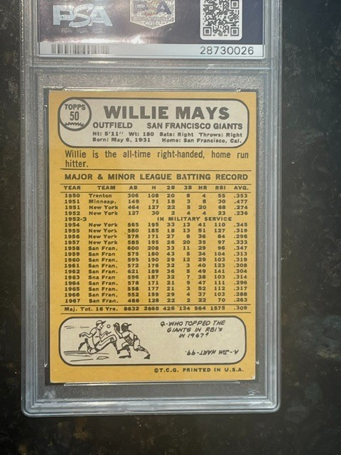 1968 Willie Mays #50 PSA 4 view 2