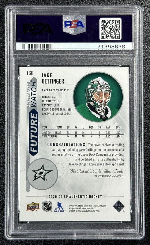 JAKE OETTINGER PSA 10 2020 SP AUTHENTIC #160 ROOKIE AUTO RC FUTURE WATCH 205/999 view 2