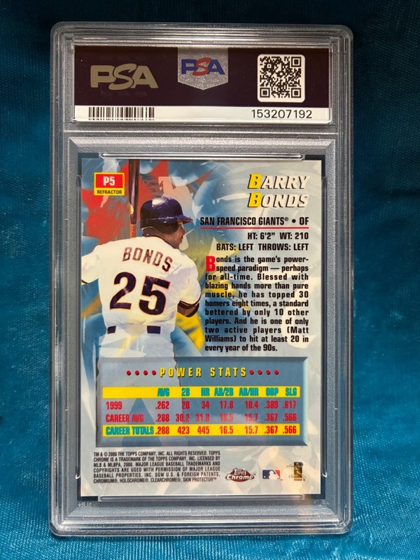 PSA 9 Pop 52 2000 Topps Chrome Power Players BARRY BONDS Refractor #P5 SF Giants view 2