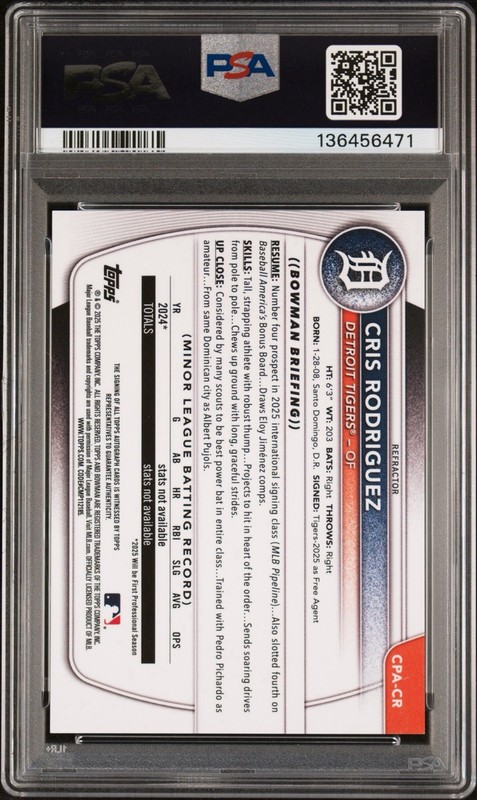 2025 Bowman Chrome 1st Cris Rodriguez Auto /499 Refractor Tigers Gem Mint PSA 10 view 2
