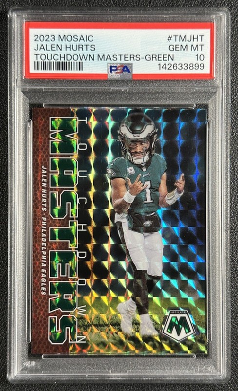 JALEN HURTS PSA 10 2023 PANINI MOSAIC #TM-JHT TOUCHDOWN MASTERS GREEN PRIZM 3899