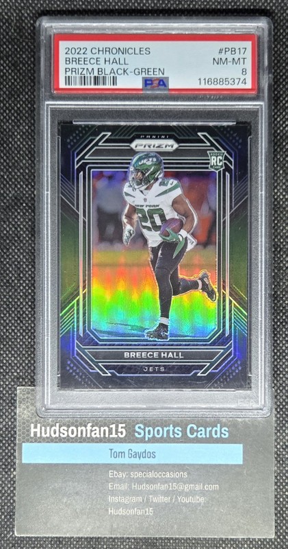 Breece Hall 2022 Panini Chronicles Prizm Black #PB-17 RC Green 38/49 PSA 8 NM-MT