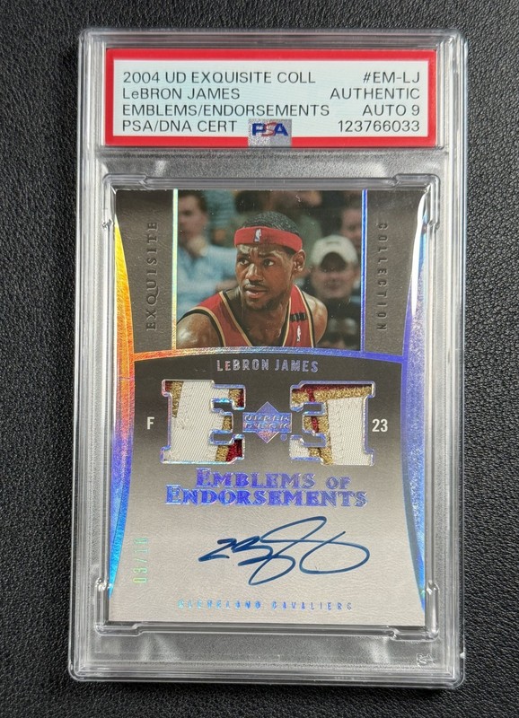 LEBRON JAMES PSA AUTH 2005 EXQUISITE EMBLEMS OF ENDORSEMENTS PATCH AUTO 3/15