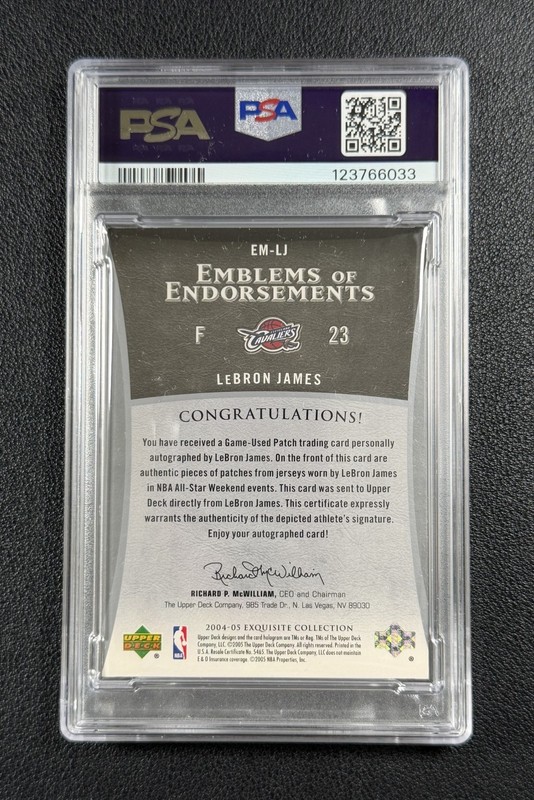 LEBRON JAMES PSA AUTH 2005 EXQUISITE EMBLEMS OF ENDORSEMENTS PATCH AUTO 3/15 view 2