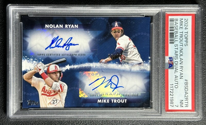 MIKE TROUT NOLAN RYAN PSA 7 2024 TOPPS #BSDA2-RTR BASEBALL STARS DUAL AUTO 6/10