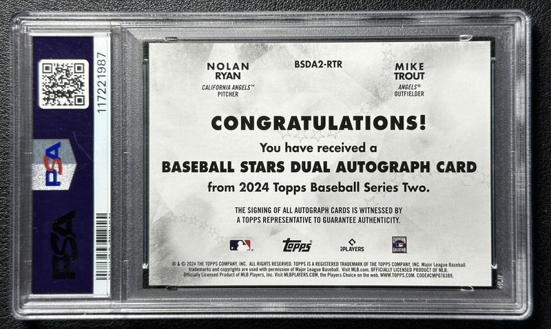 MIKE TROUT NOLAN RYAN PSA 7 2024 TOPPS #BSDA2-RTR BASEBALL STARS DUAL AUTO 6/10 view 2