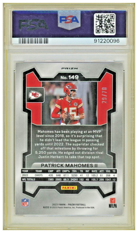 2023 Panini Prizm Patrick Mahomes II No Huddle Red #149 PSA 10 /70 view 2
