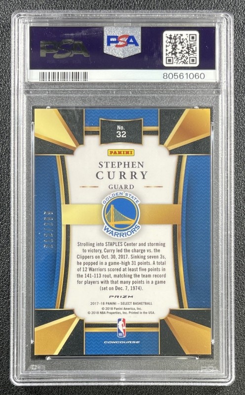 STEPHEN CURRY PSA 10 2017-18 PANINI SELECT #32 BLUE PRIZM CONCOURSE 212/299 view 2