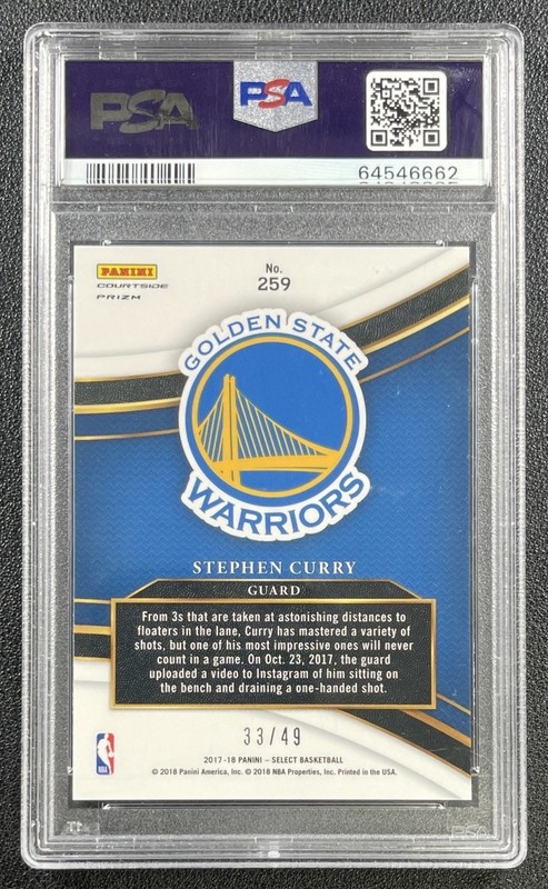STEPHEN CURRY PSA 10 2017-18 PANINI SELECT #259 COPPER PRIZM COURTSIDE 33/49 view 2