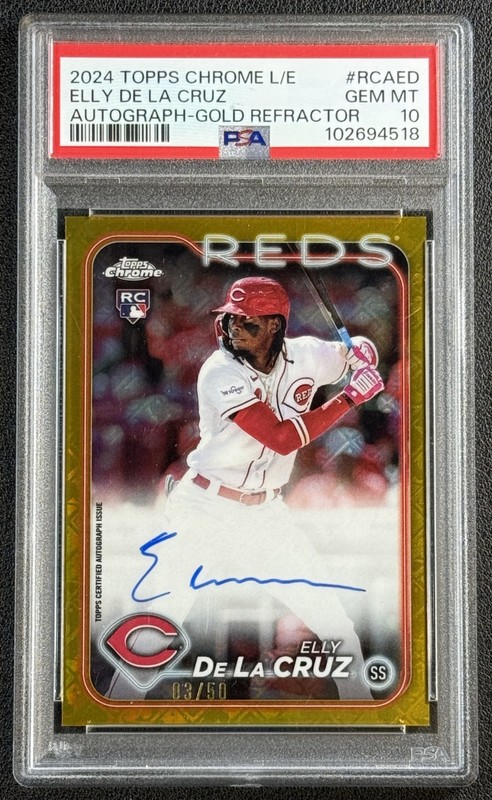 ELLY DE LA CRUZ PSA 10 2024 TOPPS CHROME LOGOFRACTOR GOLD REFRACTOR AUTO RC 3/50