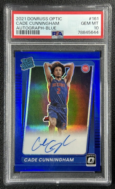 CADE CUNNINGHAM PSA 10 2021 DONRUSS OPTIC #161 RATED ROOKIE AUTO BLUE PRIZM /49