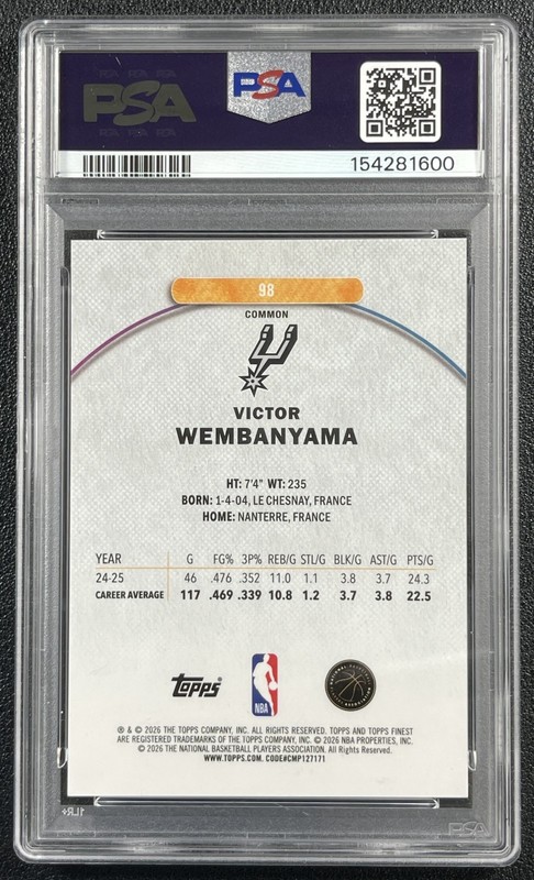 VICTOR WEMBANYAMA PSA 10 2025 TOPPS FINEST #98 COMMON PURPLE REFRACTOR 101/250 view 2