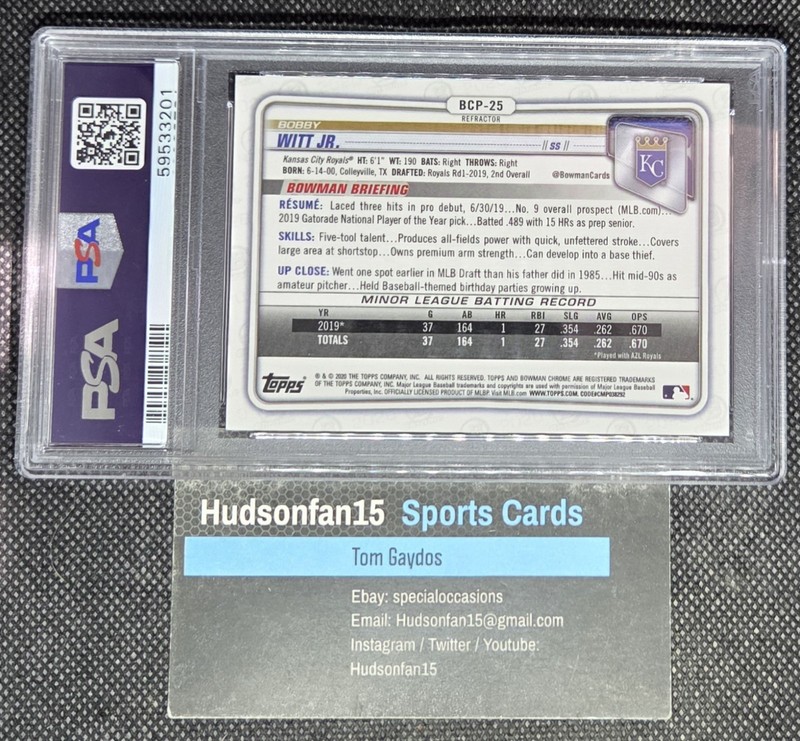 Bobby Witt Jr. 2020 Bowman 1st Chrome #BCP-25 Refractor 151/499 PSA 9 Mint view 2
