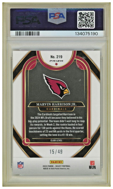 2024 Panini Select Marvin Harrison Jr. Red Prizm #219 PSA 10 RC /49 view 2