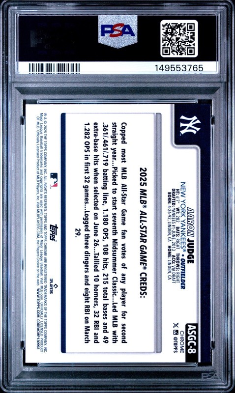 🔥2025 Topps Chrome Update 2025 All Star Game #8 Aaron Judge PSA 9 Yankees view 2