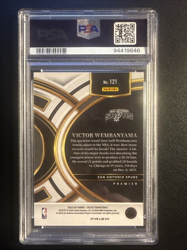 2023-24 Panini Select - Premier Victor Wembanyama #121 Blue Cracked Ice PSA 10 view 2
