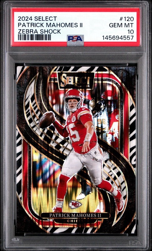 2024 Panini Select Zebra Shock Prizm #120 Patrick Mahomes II Chiefs PSA 10