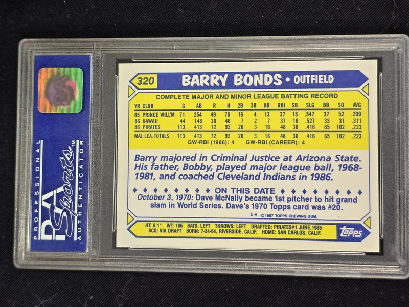 1987 Topps Tiffany #320 Barry Bonds PSA 8 view 2