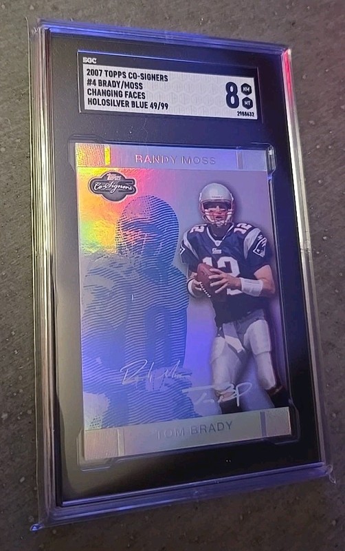 Tom Brady 2007 Topps Co-Signers Randy Moss Holosilver Blue Fax Auto /99 Patriots