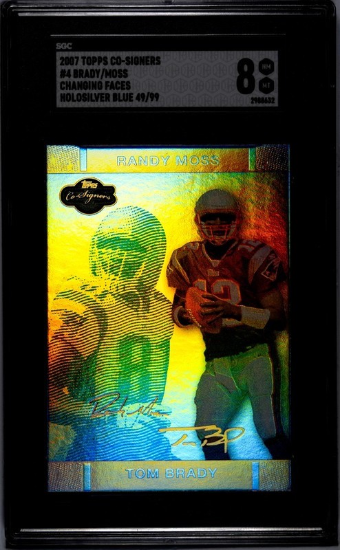 Tom Brady 2007 Topps Co-Signers Randy Moss Holosilver Blue Fax Auto /99 Patriots view 2