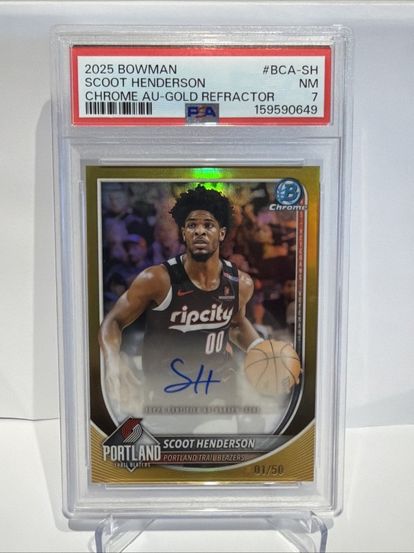 2025-26 Bowman Chrome Scoot Henderson Gold /50 Auto Autograph Trailblazers PSA 7