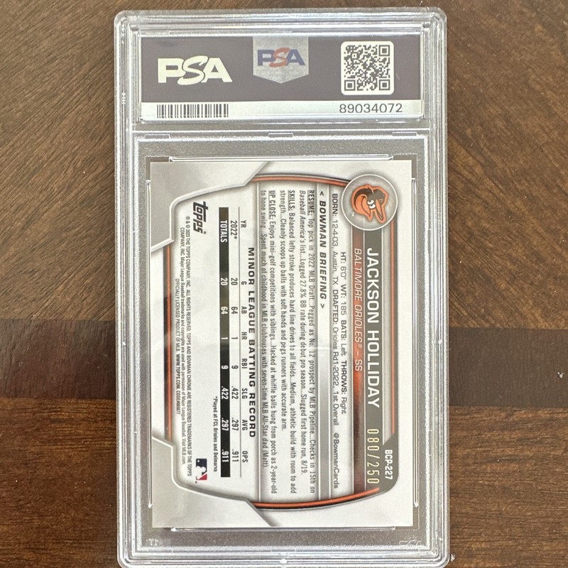 2023 Bowman Chrome Jackson Holliday BCP-227 Purple Shimmer /250 PSA 8 RC view 2