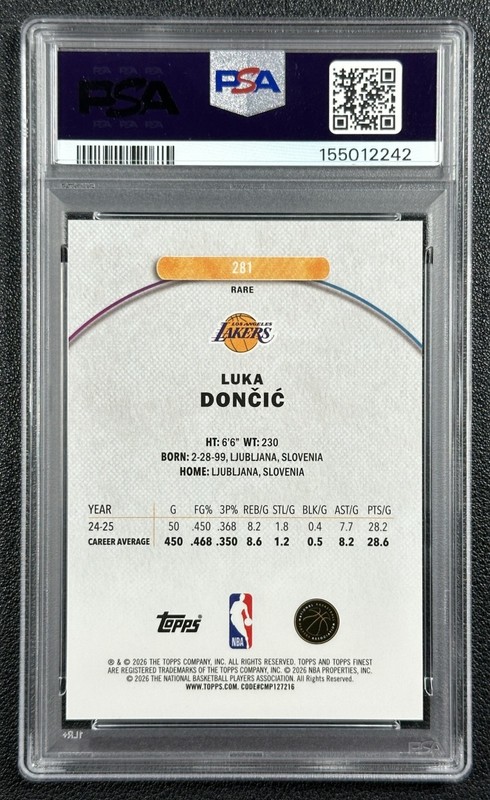 POP1 LUKA DONCIC PSA 10 2025 TOPPS FINEST 281 RARE GOLD GEOMETRIC REFRACTOR 4/10 view 2