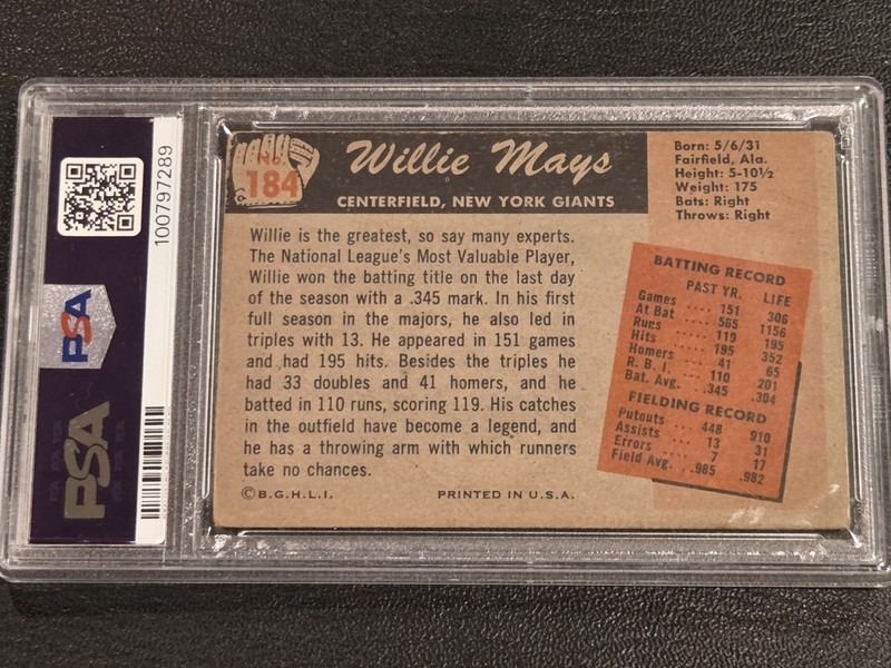 1955 Bowman #184 Willie Mays PSA-2 (MC) / No Creases / No Writing / Nice Color view 2