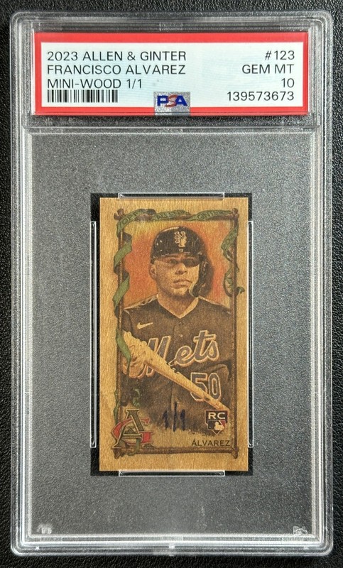 FRANCISCO ALVAREZ PSA 10 2023 TOPPS ALLEN & GINTER #123 ROOKIE MINI WOOD RC 1/1