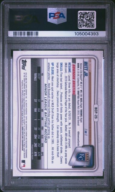 2020 Bowman Chrome Sapphire Edition #BCP25 Bobby Witt Jr. Sapphire Edition PSA 9 view 2